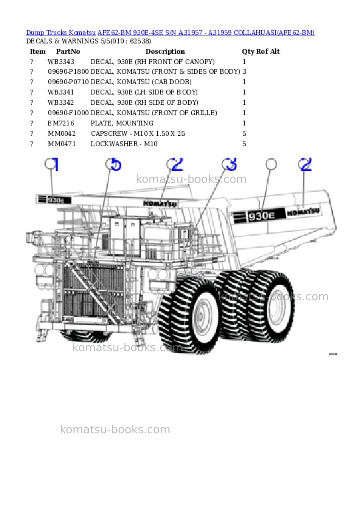 Komatsu afe62-bm 930e-4se s/n a31957 - a31959 collahuasi Parts catalog cover Page 5 Komatsu afe62-bm 930e-4se s/n a31957 - a31959 collahuasi Parts catalog cover Page 5