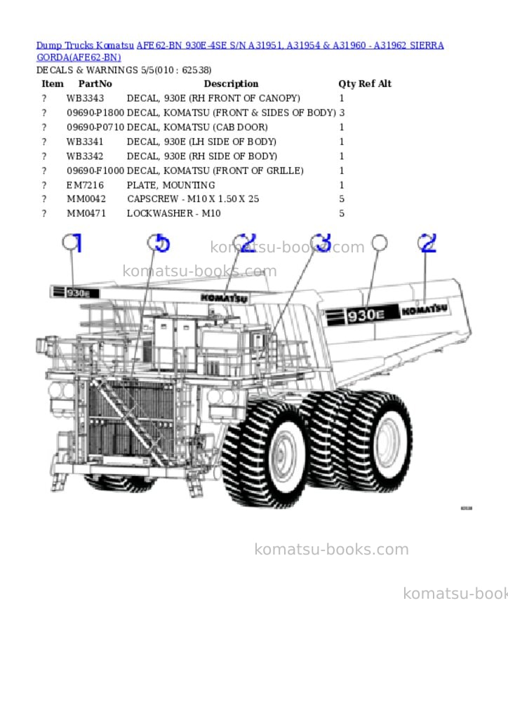 Komatsu afe62-bn 930e-4se s/n a31951, a31954 & a31960 - a31962 sierra gorda Parts catalog cover Page 5