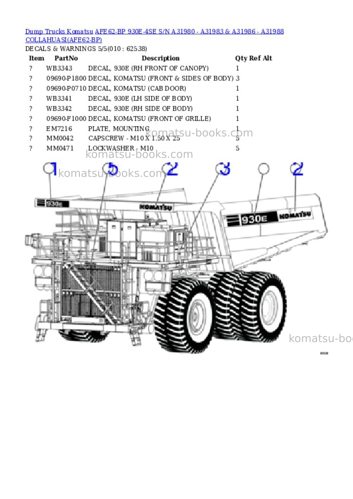 Komatsu afe62-bp 930e-4se s/n a31980 - a31983 & a31986 - a31988 collahuasi Parts catalog cover Page 5 Komatsu afe62-bp 930e-4se s/n a31980 - a31983 & a31986 - a31988 collahuasi Parts catalog cover Page 5