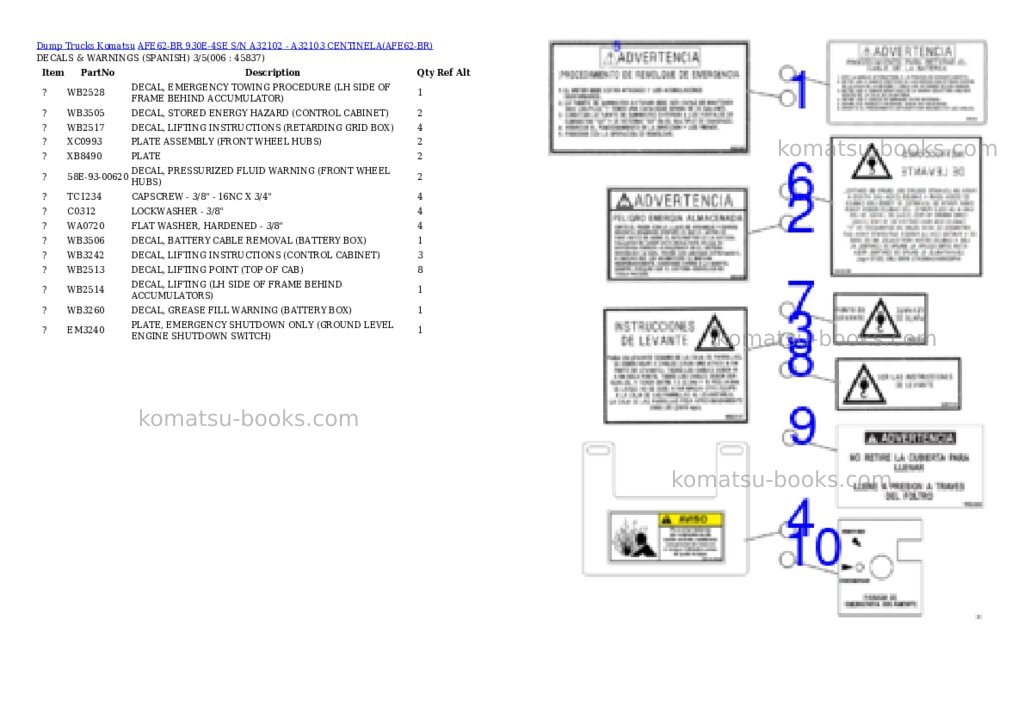 Komatsu AFE62-BR 930E-4SE S/N A32102 - A32103 CENTINELA Parts catalog cover Page 3