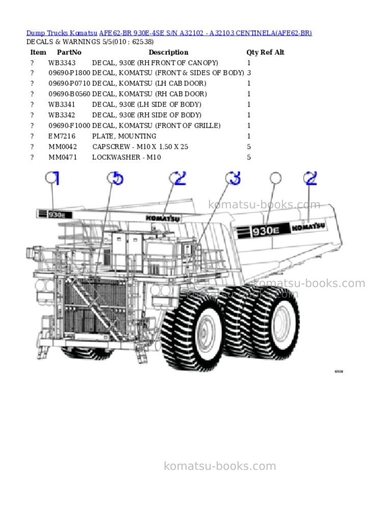 Komatsu AFE62-BR 930E-4SE S/N A32102 - A32103 CENTINELA Parts catalog cover Page 5