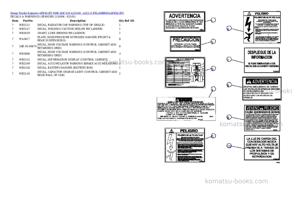 Komatsu afe62-bt 930e-4se s/n a32108 - a32111 pelambres Parts catalog cover Page 2