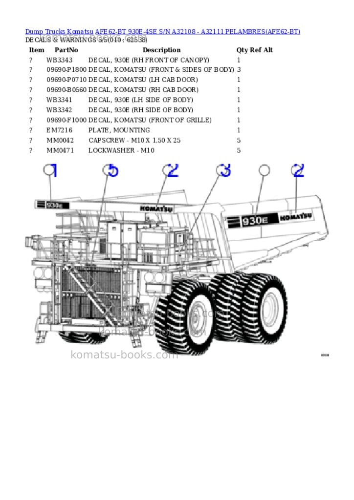 Komatsu afe62-bt 930e-4se s/n a32108 - a32111 pelambres Parts catalog cover Page 5