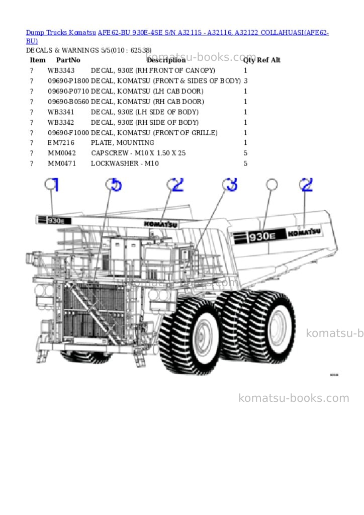 Komatsu AFE62-BU 930E-4SE S/N A32115 - A32116, A32122 COLLAHUASI Parts catalog cover Page 5 Komatsu AFE62-BU 930E-4SE S/N A32115 - A32116, A32122 COLLAHUASI Parts catalog cover Page 5