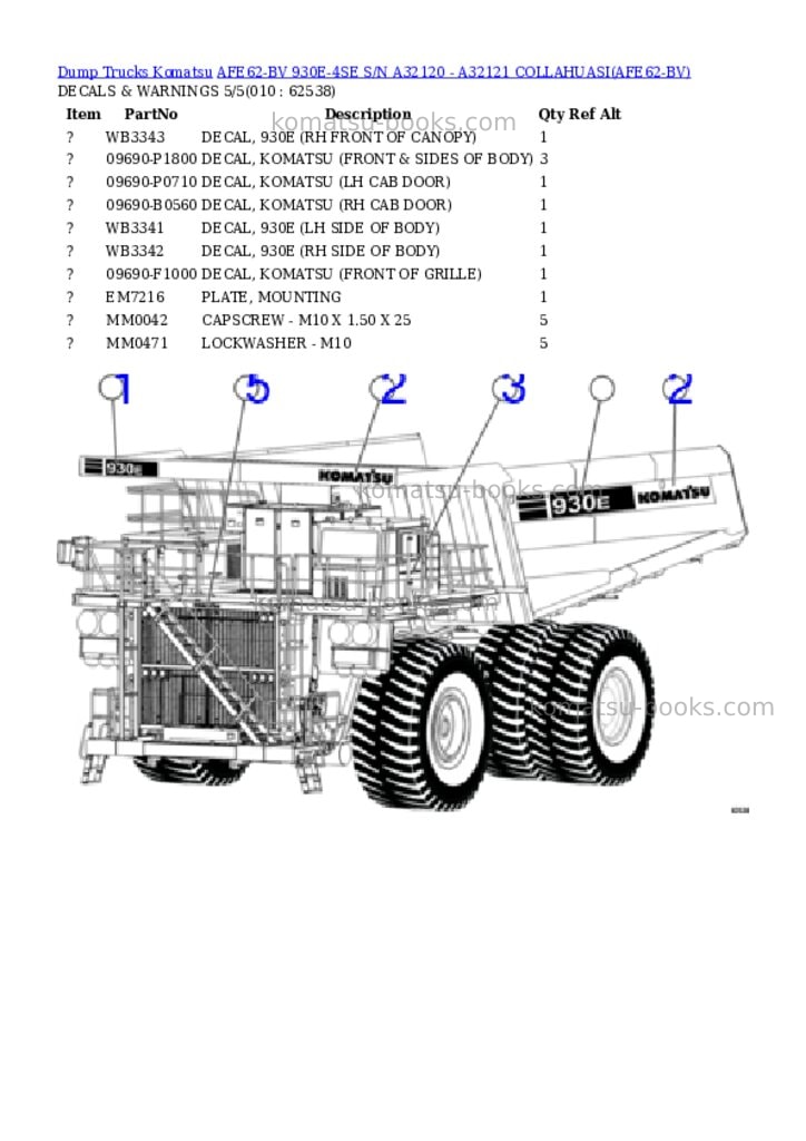 Komatsu AFE62-BV 930E-4SE S/N A32120 - A32121 COLLAHUASI Parts catalog cover Page 5 Komatsu AFE62-BV 930E-4SE S/N A32120 - A32121 COLLAHUASI Parts catalog cover Page 5
