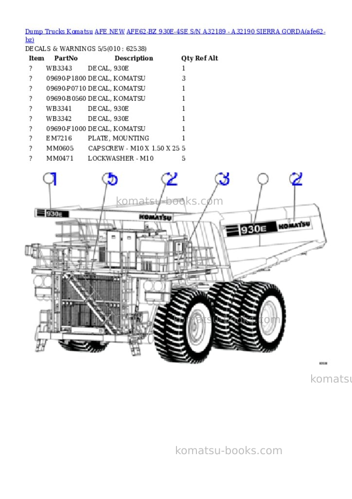 Komatsu AFE62-BZ 930E-4SE S/N A32189 - A32190 SIERRA GORDA Parts catalog cover Page 5