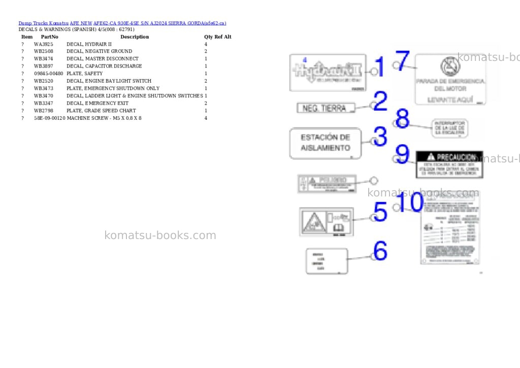Komatsu AFE62-CA 930E-4SE S/N A32024 SIERRA GORDA Parts catalog cover Page 4