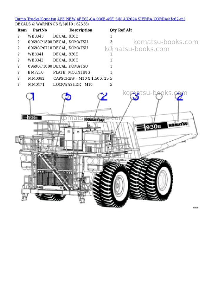 Komatsu AFE62-CA 930E-4SE S/N A32024 SIERRA GORDA Parts catalog cover Page 5