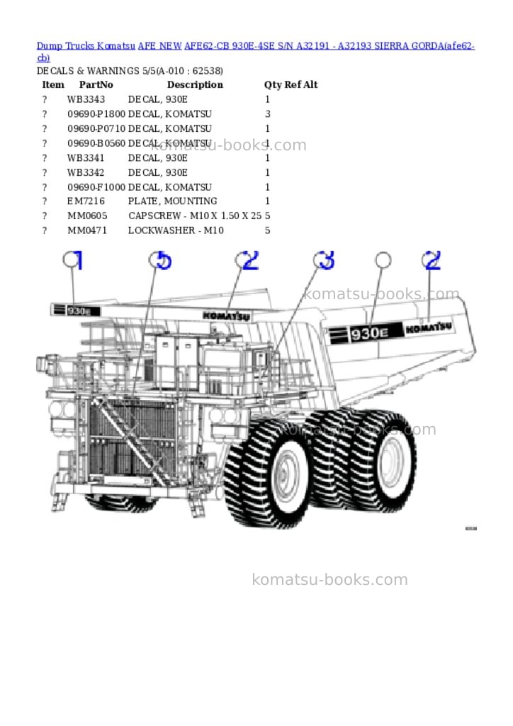 Komatsu AFE62-CB 930E-4SE S/N A32191 - A32193 SIERRA GORDA Parts catalog cover Page 5 Komatsu AFE62-CB 930E-4SE S/N A32191 - A32193 SIERRA GORDA Parts catalog cover Page 5
