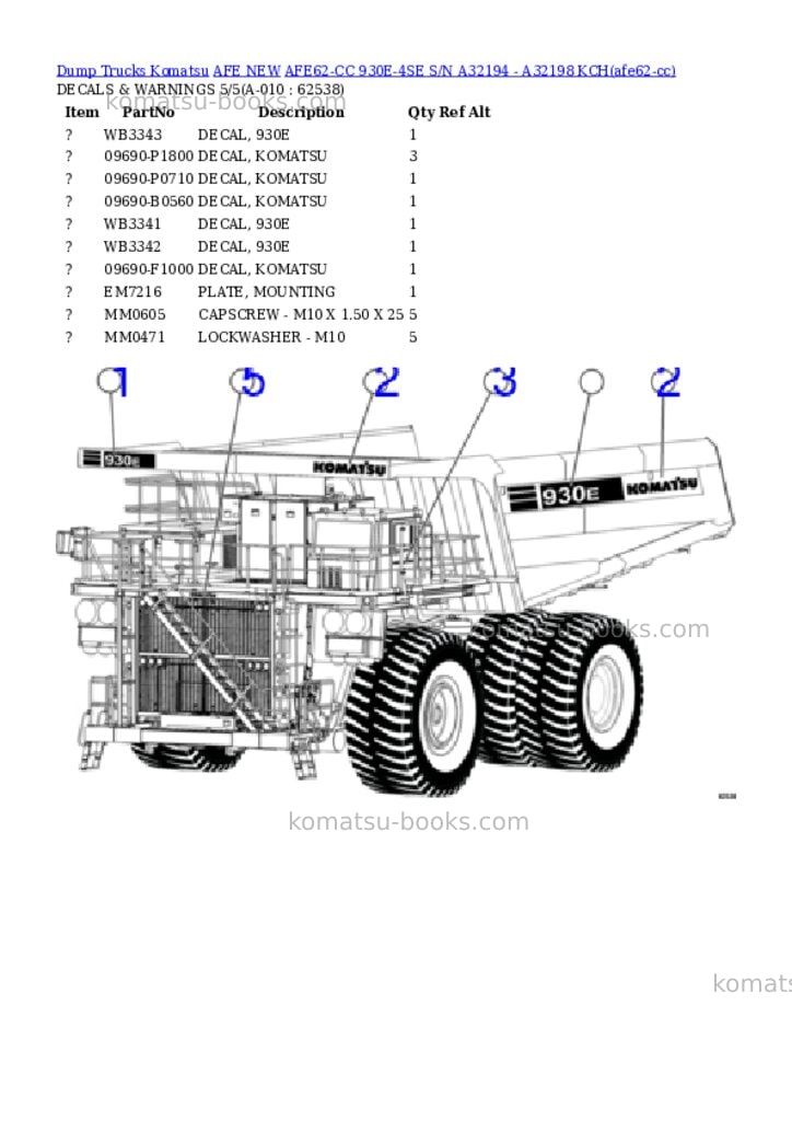 Komatsu AFE62-CC 930E-4SE S/N A32194 - A32198 KCH Parts catalog cover Page 5 Komatsu AFE62-CC 930E-4SE S/N A32194 - A32198 KCH Parts catalog cover Page 5