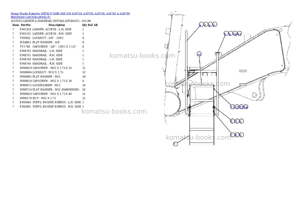 Komatsu afe62-f 930e-4se s/n a30728, a30729, a30739, a30741 & a30749 bingham canyon Parts catalog cover Page 6