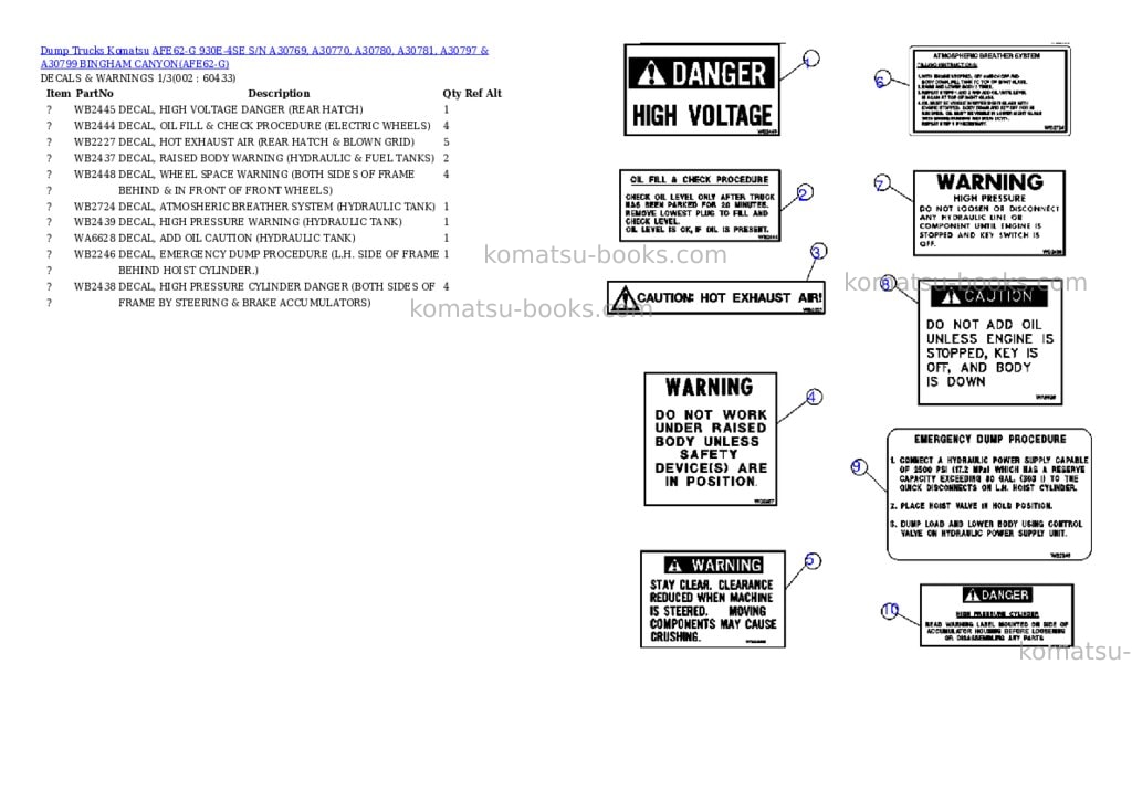 Komatsu afe62-g 930e-4se s/n a30769, a30770, a30780, a30781, a30797 & a30799 bingham canyon Parts catalog cover