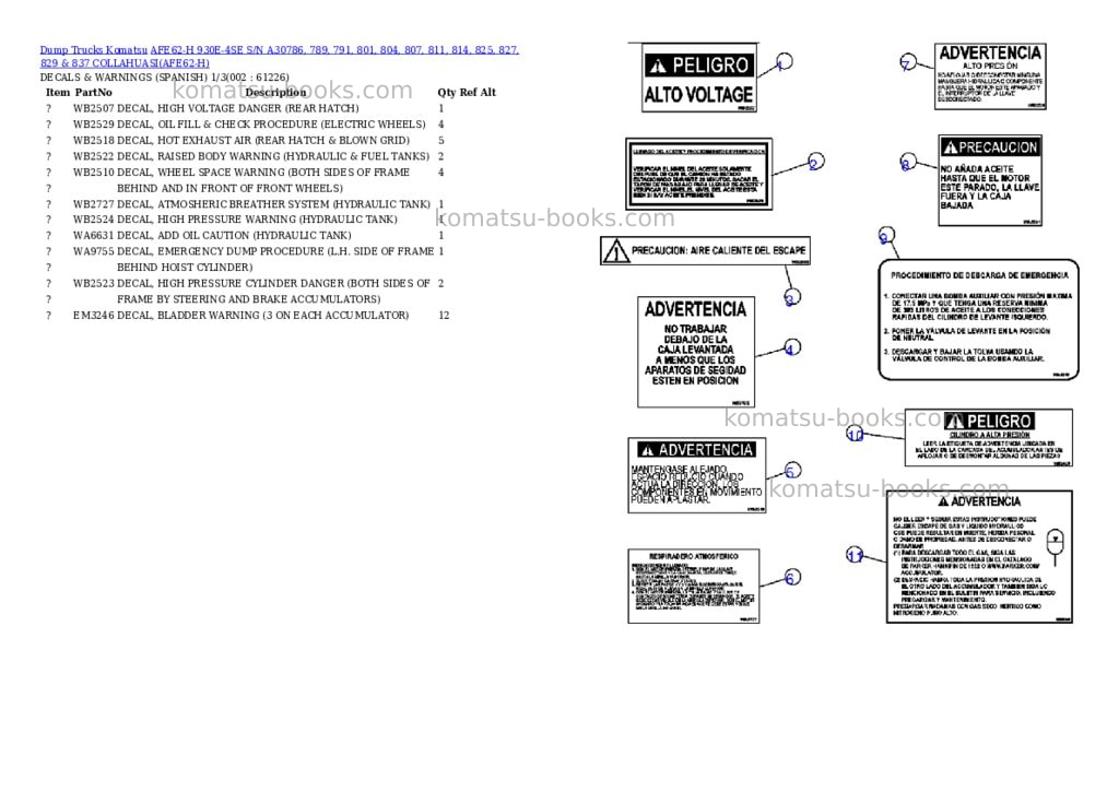 Komatsu afe62-h 930e-4se s/n a30786, 789, 791, 801, 804, 807, 811, 814, 825, 827, 829 & 837 collahuasi Parts catalog cover