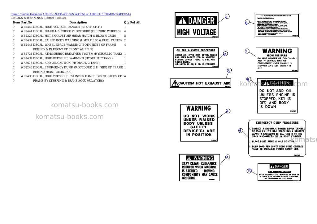 Komatsu afe62-l 930e-4se s/n a30852 & a30853 clermont Parts catalog cover Komatsu afe62-l 930e-4se s/n a30852 & a30853 clermont Parts catalog cover
