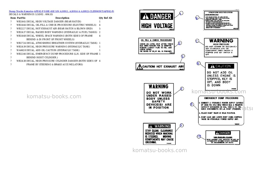Komatsu afe62-p 930e-4se s/n a30911, a30914 & a30925 clermont Parts catalog cover Komatsu afe62-p 930e-4se s/n a30911, a30914 & a30925 clermont Parts catalog cover