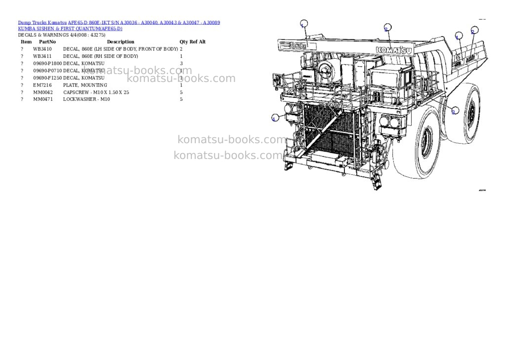Komatsu afe65-d 860e-1kt s/n a30036 - a30040, a30043 & a30047 - a30071 kumba sishen & quantum Parts catalog cover Page 4