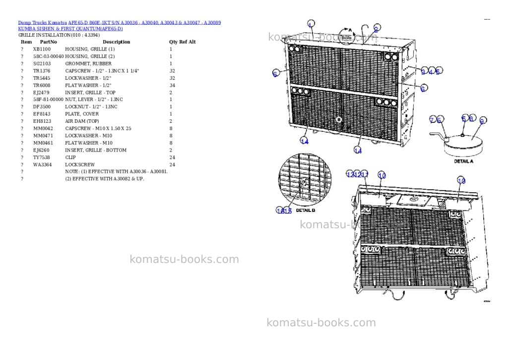 Komatsu afe65-d 860e-1kt s/n a30036 - a30040, a30043 & a30047 - a30071 kumba sishen & quantum Parts catalog cover Page 5