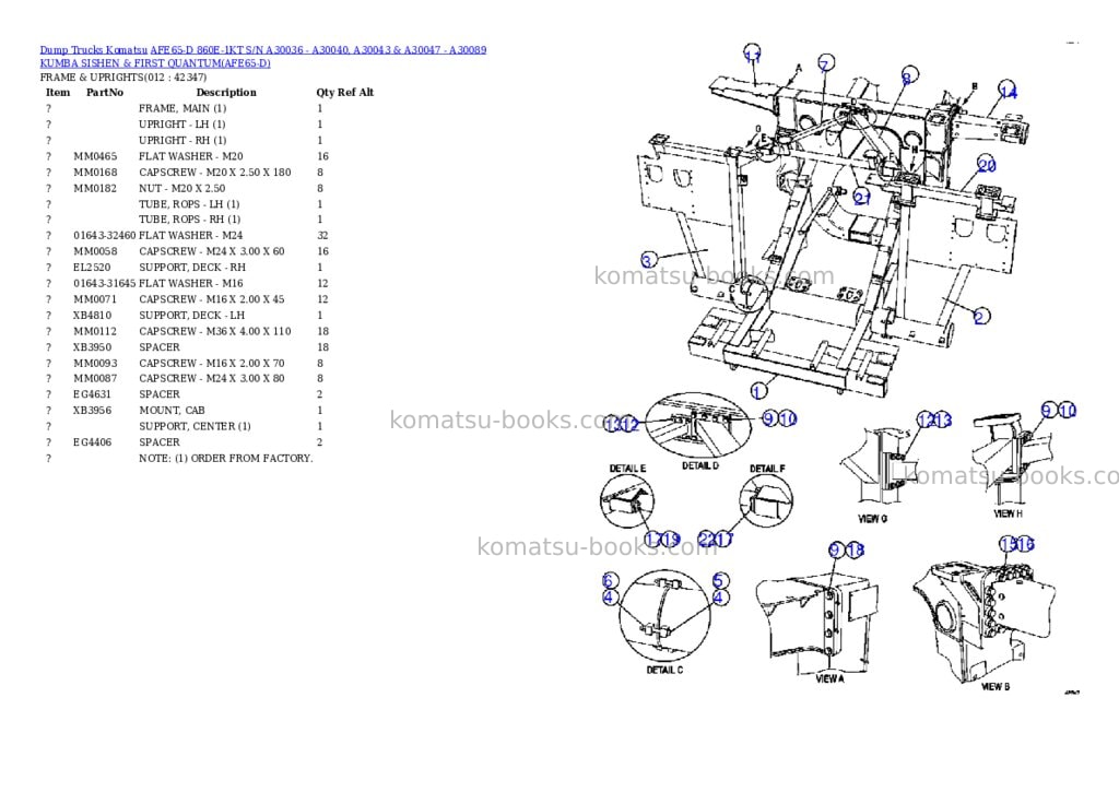 Komatsu afe65-d 860e-1kt s/n a30036 - a30040, a30043 & a30047 - a30071 kumba sishen & quantum Parts catalog cover Page 6