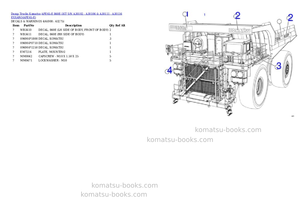 Komatsu afe65-e 860e-1kt s/n a30102 - a30106 & a30111 - a30116 exxaro Parts catalog cover Page 4 Komatsu afe65-e 860e-1kt s/n a30102 - a30106 & a30111 - a30116 exxaro Parts catalog cover Page 4