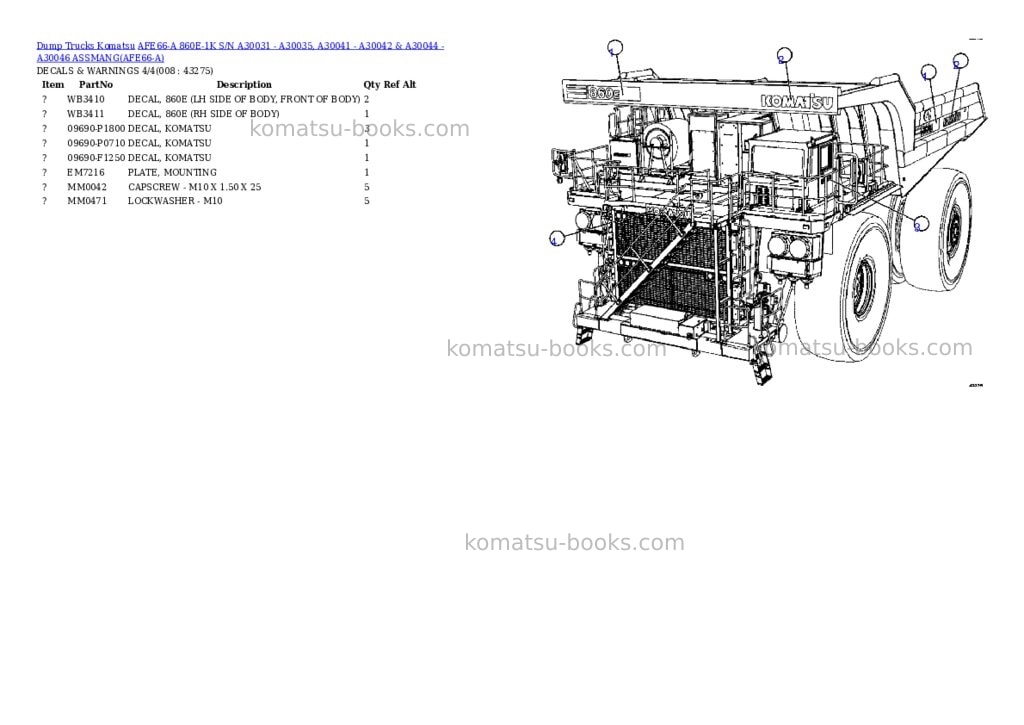 Komatsu afe66-a 860e-1k s/n a30031 - a30035, a30041 - a30042 & a30044 - a30046 assmang Parts catalog cover Page 4