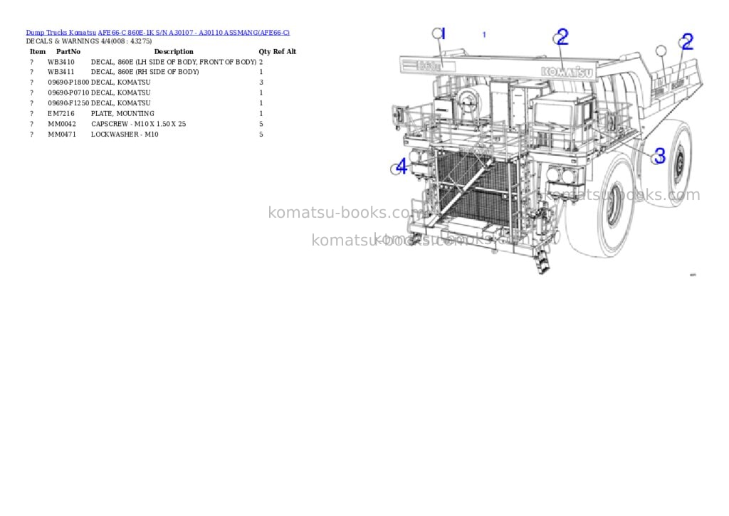 Komatsu afe66-c 860e-1k s/n a30107 - a30110 assmang Parts catalog cover Page 4