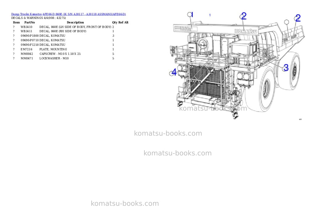 Komatsu AFE66-D 860E-1K S/N A30117 - A30118 ASSMANG Parts catalog cover Page 4 Komatsu AFE66-D 860E-1K S/N A30117 - A30118 ASSMANG Parts catalog cover Page 4