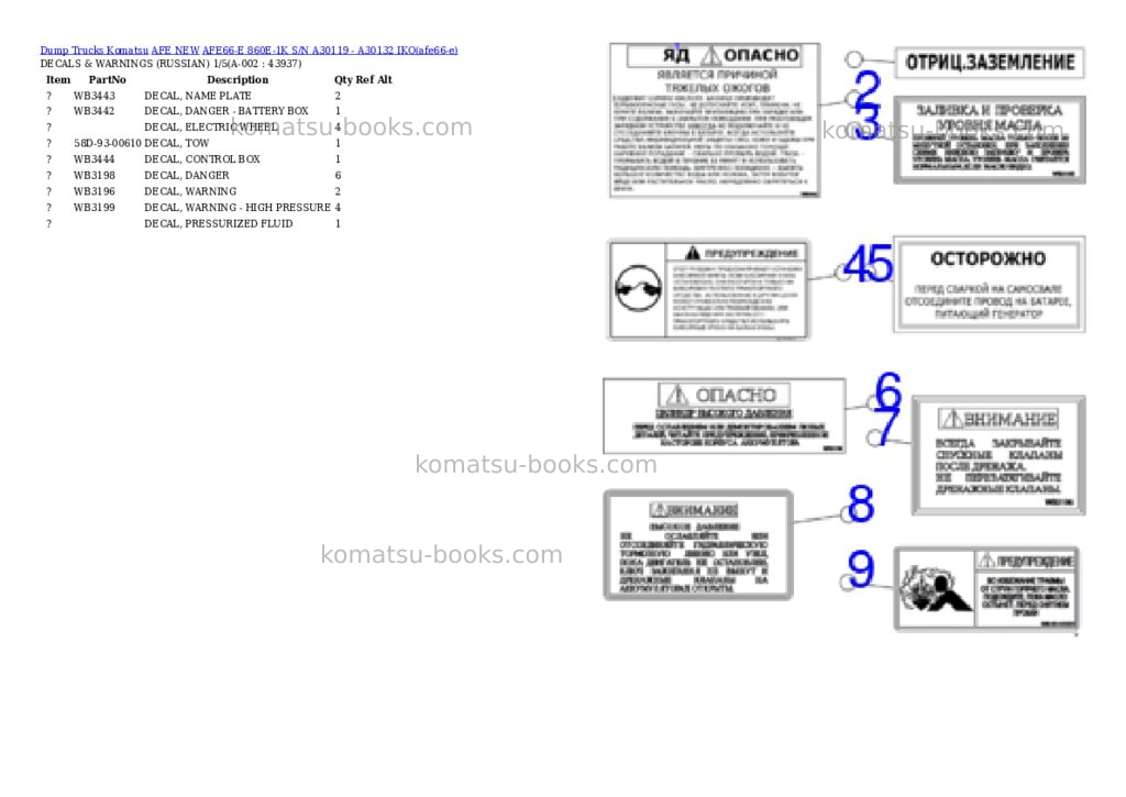 Komatsu AFE66-E 860E-1K S/N A30119 - A30132 IKO Parts catalog cover