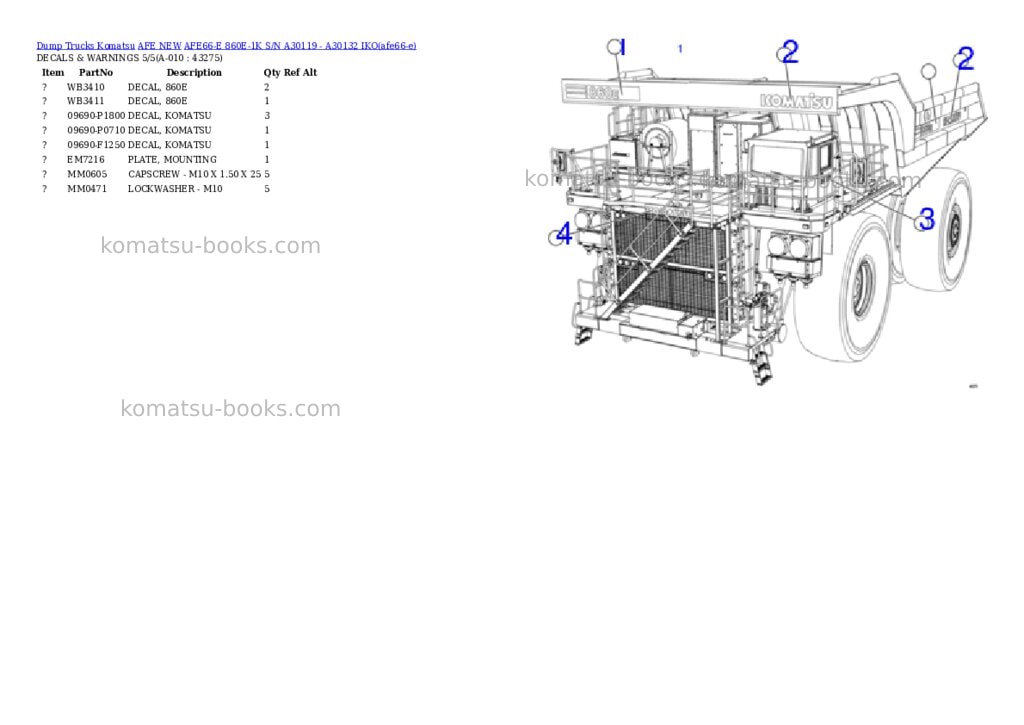 Komatsu AFE66-E 860E-1K S/N A30119 - A30132 IKO Parts catalog cover Page 5