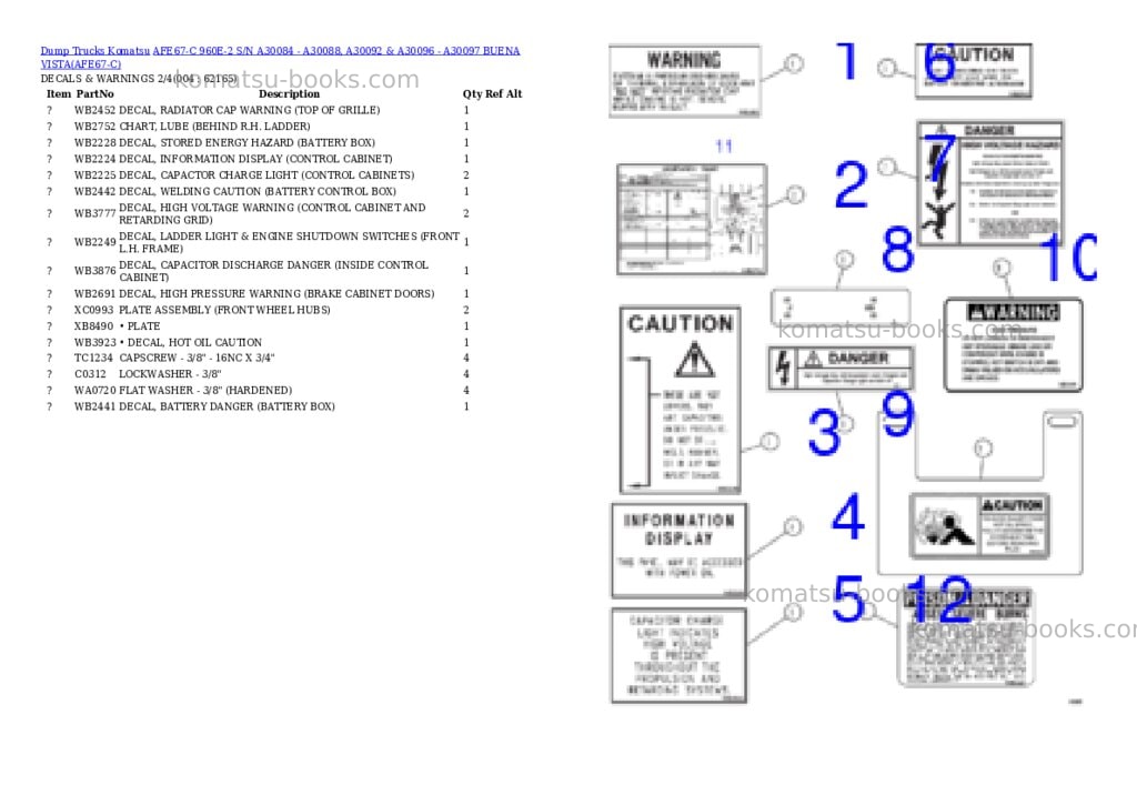 Komatsu afe67-c 960e-2 s/n a30084 - a30088, a30092 & a30096 - a30097 buena vista Parts catalog cover Page 2