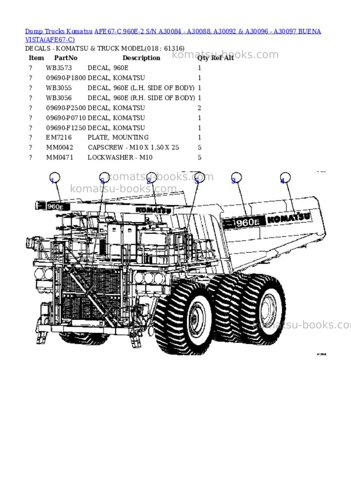 Komatsu afe67-c 960e-2 s/n a30084 - a30088, a30092 & a30096 - a30097 buena vista Parts catalog cover Page 9