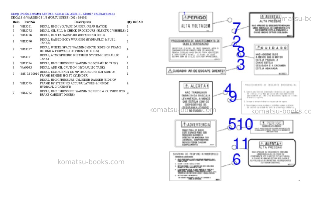 Komatsu afe69-e 730e-8 s/n a40015 - a40017 vale Parts catalog cover Komatsu afe69-e 730e-8 s/n a40015 - a40017 vale Parts catalog cover