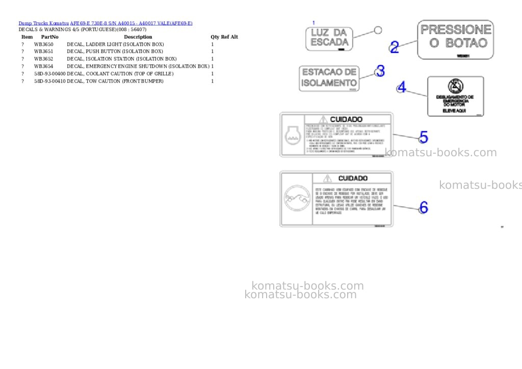 Komatsu afe69-e 730e-8 s/n a40015 - a40017 vale Parts catalog cover Page 4 Komatsu afe69-e 730e-8 s/n a40015 - a40017 vale Parts catalog cover Page 4