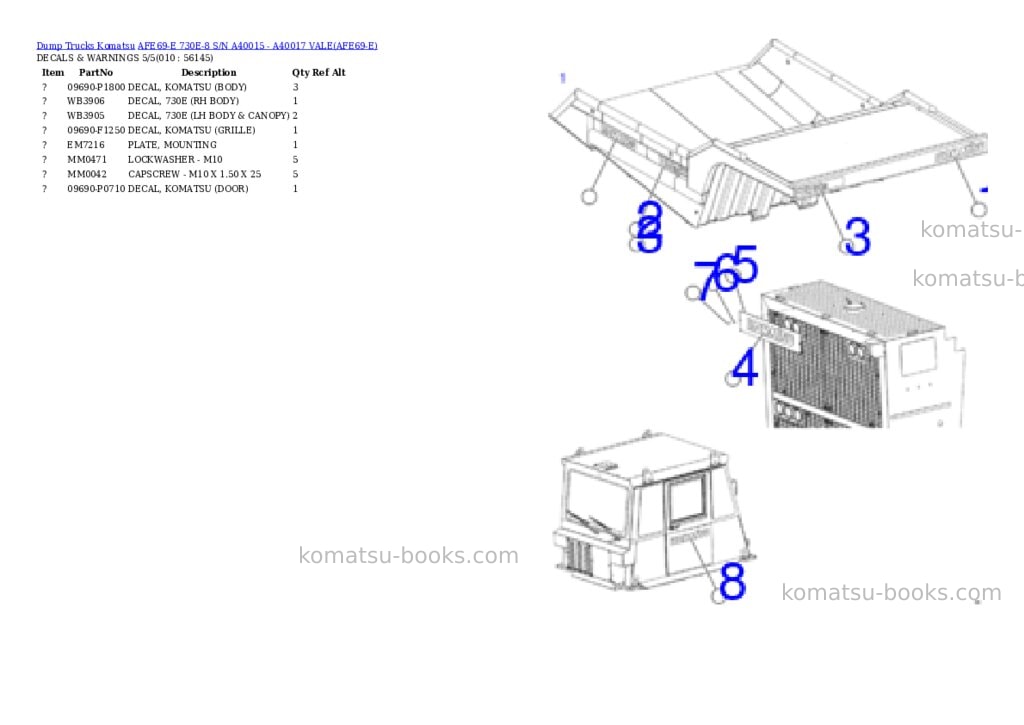 Komatsu afe69-e 730e-8 s/n a40015 - a40017 vale Parts catalog cover Page 5 Komatsu afe69-e 730e-8 s/n a40015 - a40017 vale Parts catalog cover Page 5