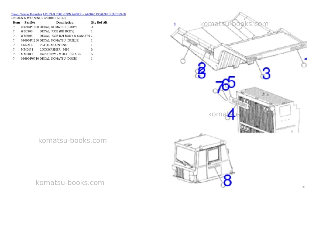 Komatsu afe69-g 730e-8 s/n a40035 - a40040 coalspur Parts catalog cover Page 4