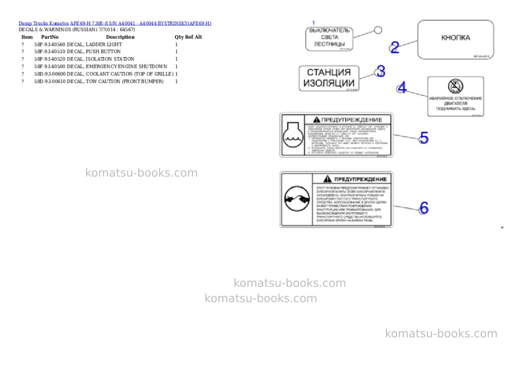 Komatsu afe69-h 730e-8 s/n a40041 - a40044 bystrinsky Parts catalog cover Page 7