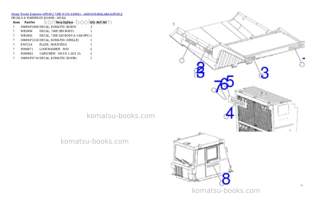 Komatsu afe69-j 730e-8 s/n a40045 - a40050 baralaba Parts catalog cover Page 4