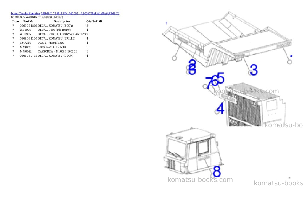 Komatsu afe69-k 730e-8 s/n a40051 - a40057 baralaba Parts catalog cover Page 4