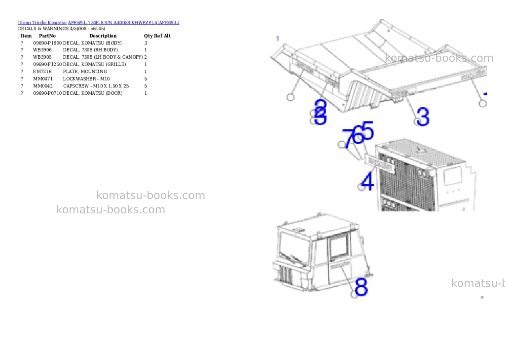 Komatsu afe69-l 730e-8 s/n a40058 khwezela Parts catalog cover Page 4