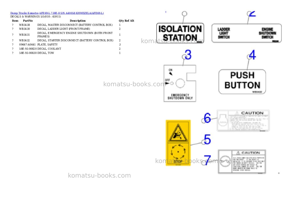 Komatsu afe69-l 730e-8 s/n a40058 khwezela Parts catalog cover Page 5