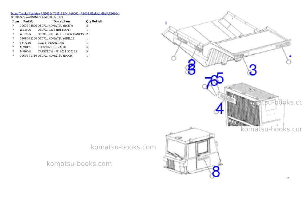 Komatsu AFE69-N 730E-8 S/N A40060 - A40063 BARALABA Parts catalog cover Page 4