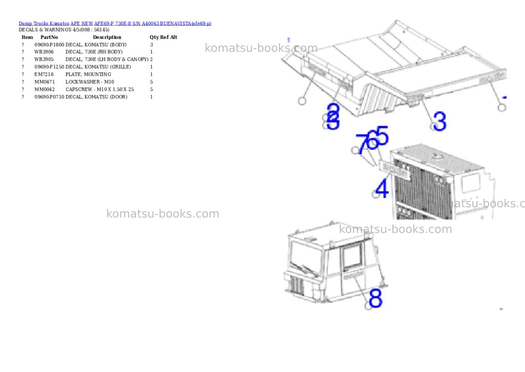Komatsu AFE69-P 730E-8 S/N A40063 BUENAVISTA Parts catalog cover Page 4 Komatsu AFE69-P 730E-8 S/N A40063 BUENAVISTA Parts catalog cover Page 4