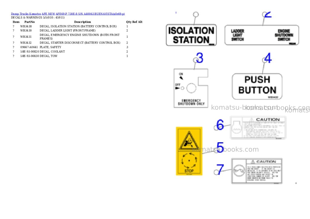 Komatsu AFE69-P 730E-8 S/N A40063 BUENAVISTA Parts catalog cover Page 5 Komatsu AFE69-P 730E-8 S/N A40063 BUENAVISTA Parts catalog cover Page 5