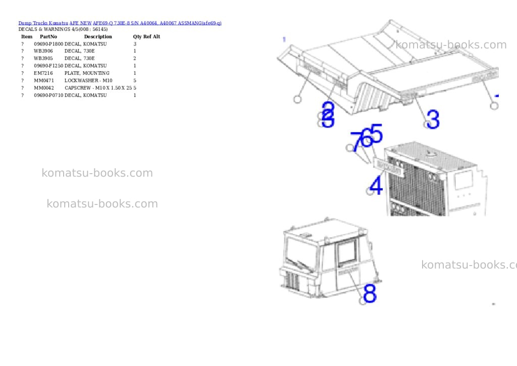 Komatsu AFE69-Q 730E-8 S/N A40064, A40067 ASSMANG Parts catalog cover Page 4