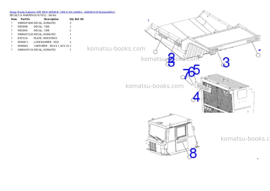 Komatsu AFE69-R 730E-8 S/N A40065 - A40066 NATALKA Parts catalog cover Page 6 Komatsu AFE69-R 730E-8 S/N A40065 - A40066 NATALKA Parts catalog cover Page 6