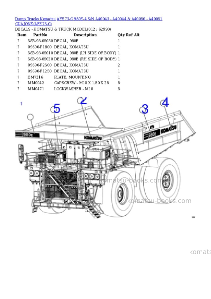 Komatsu afe73-c 980e-4 s/n a40043 - a40044 & a40050 - a40051 cuajone Parts catalog cover Page 6 Komatsu afe73-c 980e-4 s/n a40043 - a40044 & a40050 - a40051 cuajone Parts catalog cover Page 6