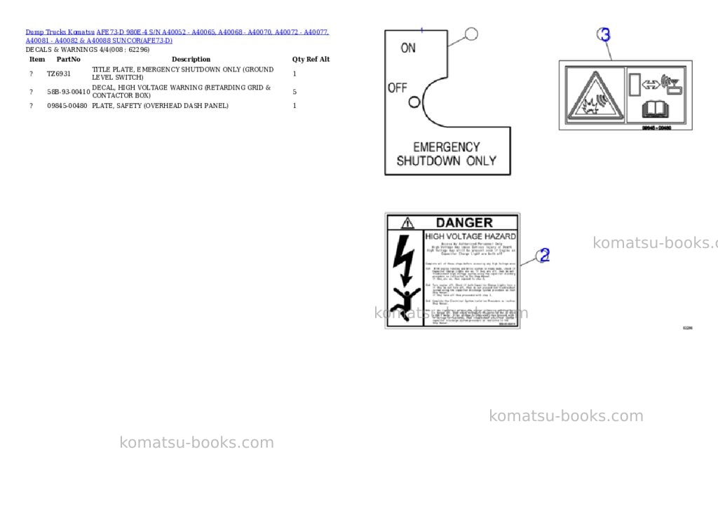 Komatsu afe73-d 980e-4 s/n a40052 - a40065, a40068 - a40070, a40072 - a40077, a40081 - a40082 & a40088 suncor Parts catalog cover Page 4 Komatsu afe73-d 980e-4 s/n a40052 - a40065, a40068 - a40070, a40072 - a40077, a40081 - a40082 & a40088 suncor Parts catalog cover Page 4