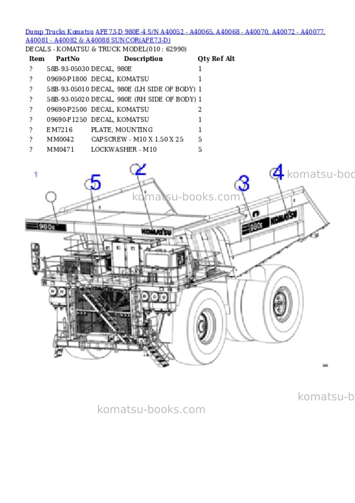 Komatsu afe73-d 980e-4 s/n a40052 - a40065, a40068 - a40070, a40072 - a40077, a40081 - a40082 & a40088 suncor Parts catalog cover Page 5 Komatsu afe73-d 980e-4 s/n a40052 - a40065, a40068 - a40070, a40072 - a40077, a40081 - a40082 & a40088 suncor Parts catalog cover Page 5
