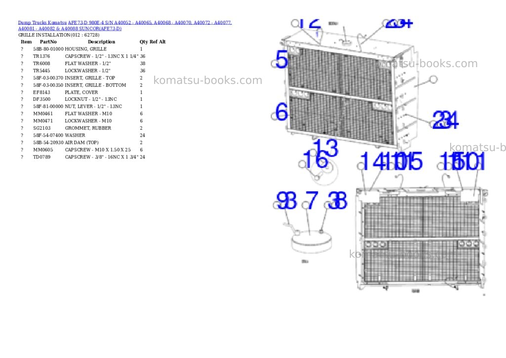 Komatsu afe73-d 980e-4 s/n a40052 - a40065, a40068 - a40070, a40072 - a40077, a40081 - a40082 & a40088 suncor Parts catalog cover Page 6 Komatsu afe73-d 980e-4 s/n a40052 - a40065, a40068 - a40070, a40072 - a40077, a40081 - a40082 & a40088 suncor Parts catalog cover Page 6