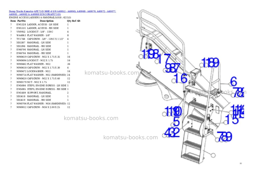 Komatsu afe73-d 980e-4 s/n a40052 - a40065, a40068 - a40070, a40072 - a40077, a40081 - a40082 & a40088 suncor Parts catalog cover Page 9 Komatsu afe73-d 980e-4 s/n a40052 - a40065, a40068 - a40070, a40072 - a40077, a40081 - a40082 & a40088 suncor Parts catalog cover Page 9