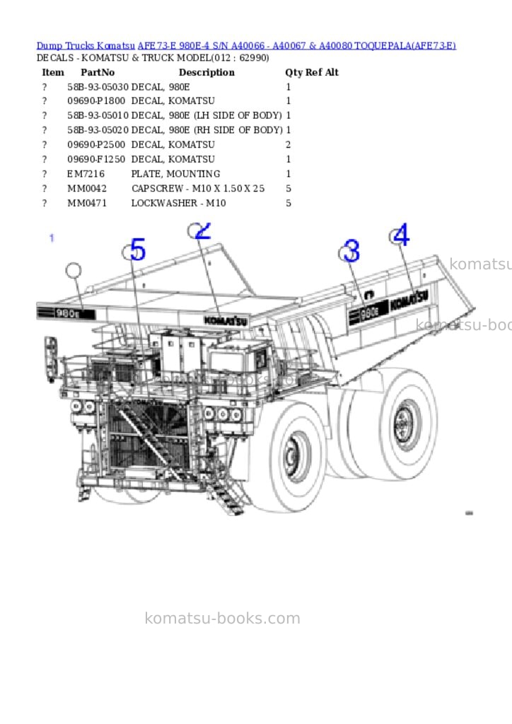 Komatsu afe73-e 980e-4 s/n a40066 - a40067 & a40080 toquepala Parts catalog cover Page 6 Komatsu afe73-e 980e-4 s/n a40066 - a40067 & a40080 toquepala Parts catalog cover Page 6
